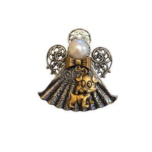 Angel Dog Brooch Pin  Filigree  Faux Pearl Accent Mixed Metal